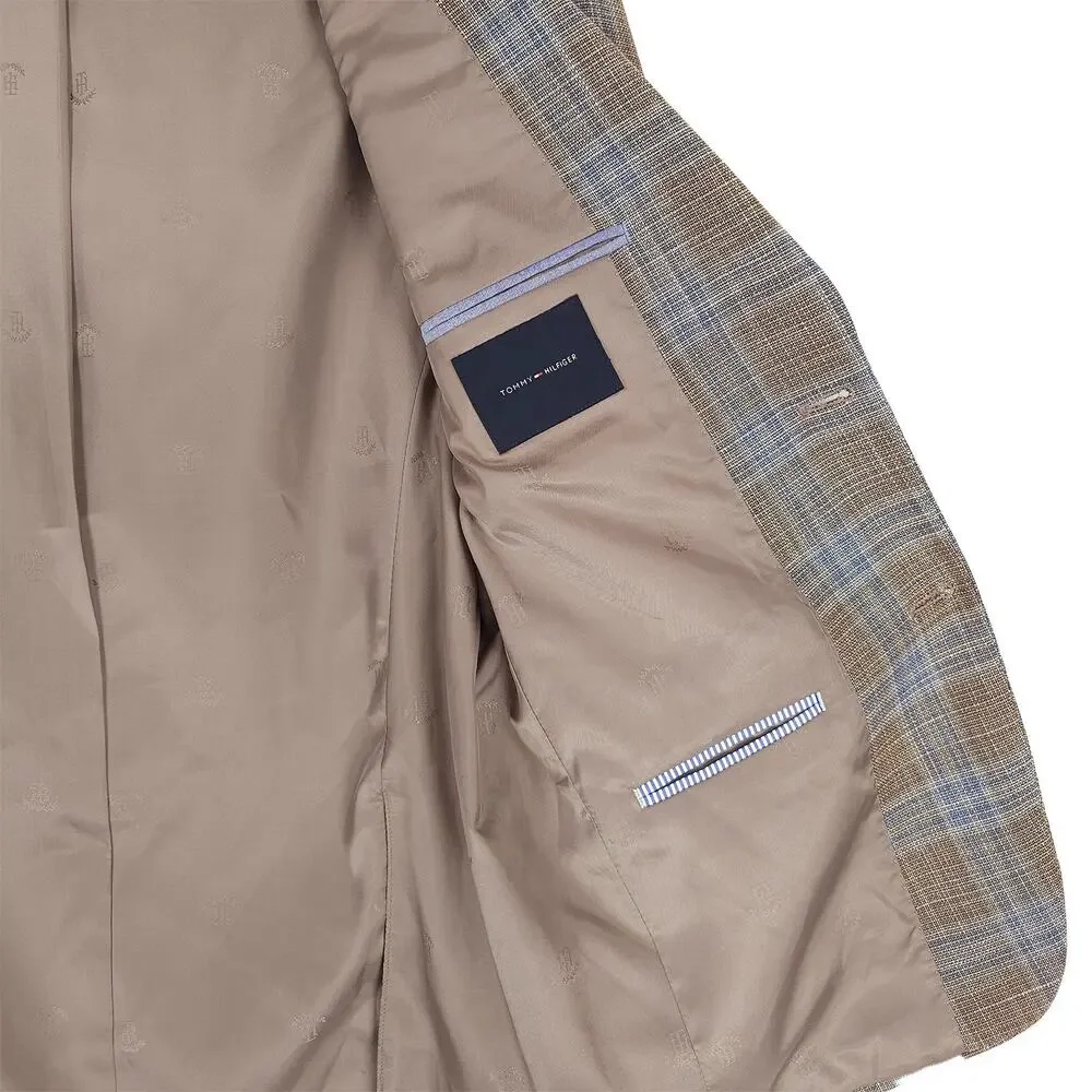 Tommy Hilfiger Mens Modern Fit Sport Coat 40L Tan Blue Plaid Stretch Basketweave